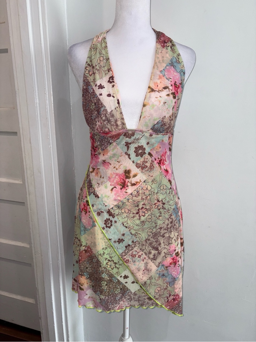 Floral Patchwork Halter Mini Dress - Pink & Mint